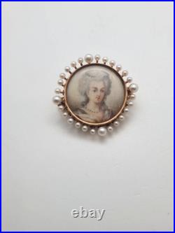 Antique Victorian 14k Gold & Pearl Hand Painted Portrait Pin Brooch Margaret