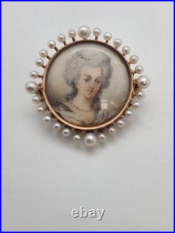 Antique Victorian 14k Gold & Pearl Hand Painted Portrait Pin Brooch Margaret
