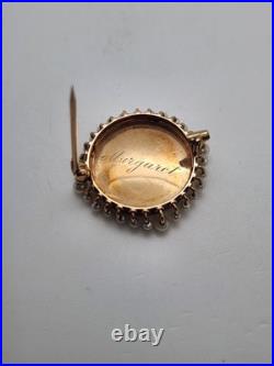 Antique Victorian 14k Gold & Pearl Hand Painted Portrait Pin Brooch Margaret