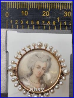 Antique Victorian 14k Gold & Pearl Hand Painted Portrait Pin Brooch Margaret