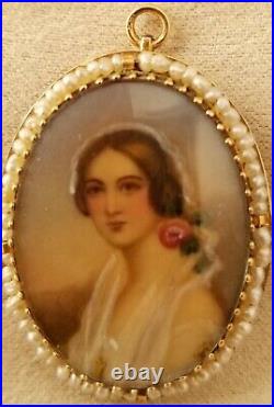 Antique Victorian 14k Gold & Pearl pendant hand painted lady portrait with rose