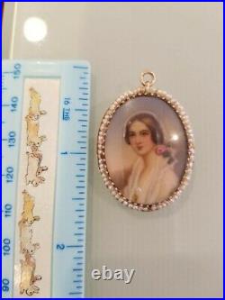 Antique Victorian 14k Gold & Pearl pendant hand painted lady portrait with rose
