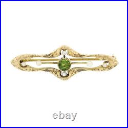 Antique Victorian 14k Gold Peridot Seed Pearl Hand Engraved Open Bar Brooch Pin