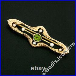 Antique Victorian 14k Gold Peridot Seed Pearl Hand Engraved Open Bar Brooch Pin