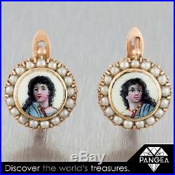 Antique Victorian 14k Rose Gold Seed Pearl Hand Painted Enamel Lady Earrings