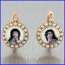 Antique Victorian 14k Rose Gold Seed Pearl Hand Painted Enamel Lady Earrings