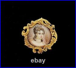 Antique Victorian 14k Solid Gold Mounted Hand Painted Portrait Pin, Elsie 1901