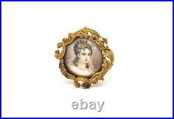 Antique Victorian 14k Solid Gold Mounted Hand Painted Portrait Pin, Elsie 1901