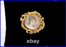 Antique Victorian 14k Solid Gold Mounted Hand Painted Portrait Pin, Elsie 1901