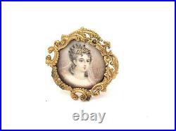 Antique Victorian 14k Solid Gold Mounted Hand Painted Portrait Pin, Elsie 1901