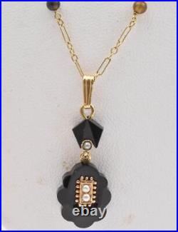 Antique Victorian 14k Yellow Gold Black Onyx & Pearl Ladies Pendant Necklace