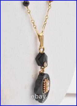 Antique Victorian 14k Yellow Gold Black Onyx & Pearl Ladies Pendant Necklace