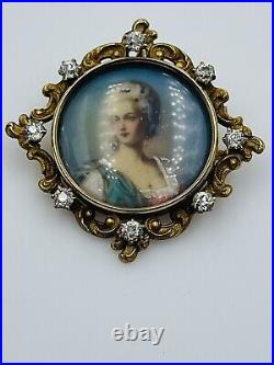 Antique Victorian 14k Yellow Gold Diamond Hand Painted Portrait Lady Pin Pendant