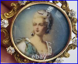 Antique Victorian 14k Yellow Gold Diamond Hand Painted Portrait Lady Pin Pendant