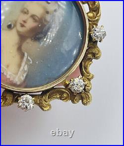 Antique Victorian 14k Yellow Gold Diamond Hand Painted Portrait Lady Pin Pendant