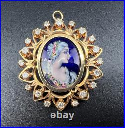 Antique Victorian 14k Yellow Gold French Hand Painted Enamel Diamond Brooch Pin