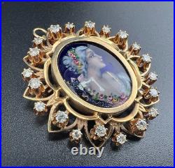 Antique Victorian 14k Yellow Gold French Hand Painted Enamel Diamond Brooch Pin