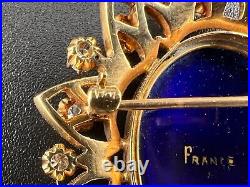 Antique Victorian 14k Yellow Gold French Hand Painted Enamel Diamond Brooch Pin