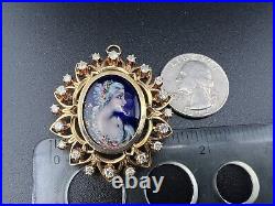 Antique Victorian 14k Yellow Gold French Hand Painted Enamel Diamond Brooch Pin