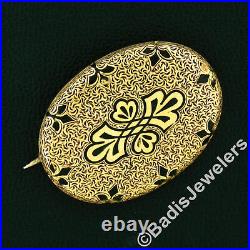 Antique Victorian 14k Yellow Gold Hand Engraved Black Enamel Oval Pin Brooch