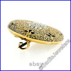 Antique Victorian 14k Yellow Gold Hand Engraved Black Enamel Oval Pin Brooch