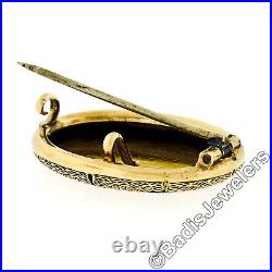 Antique Victorian 14k Yellow Gold Hand Engraved Black Enamel Oval Pin Brooch