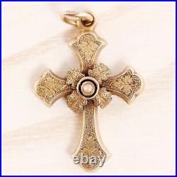 Antique Victorian 14k Yellow Gold Seed Pearl Hand Engraved Cross Pendant