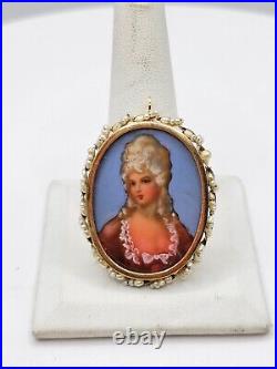 Antique Victorian 14k gold Pearl hand Painted brooch pendant