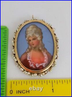 Antique Victorian 14k gold Pearl hand Painted brooch pendant