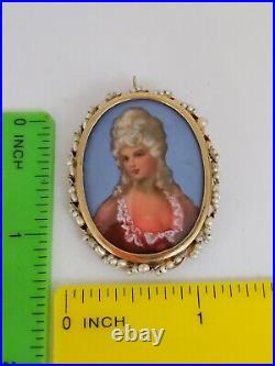 Antique Victorian 14k gold Pearl hand Painted brooch pendant