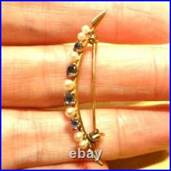 Antique Victorian 14k gold natural blue sapphire pearl crescent moon brooch pin