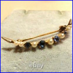 Antique Victorian 14k gold natural blue sapphire pearl crescent moon brooch pin