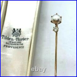 Antique Victorian 14k yellow gold pearl Old Euro diamond stick hat pin natural