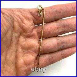 Antique Victorian 14k yellow gold pearl Old Euro diamond stick hat pin natural