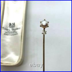 Antique Victorian 14k yellow gold pearl Old Euro diamond stick hat pin natural