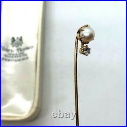 Antique Victorian 14k yellow gold pearl Old Euro diamond stick hat pin natural