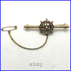 Antique Victorian 14k yellow gold ship wheel seed pearl bar brooch pin chain