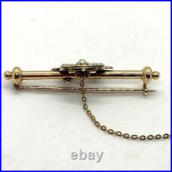 Antique Victorian 14k yellow gold ship wheel seed pearl bar brooch pin chain