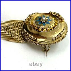 Antique Victorian 14k yellow gold star pearl turquoise fringe locket brooch pin