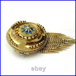 Antique Victorian 14k yellow gold star pearl turquoise fringe locket brooch pin