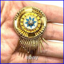 Antique Victorian 14k yellow gold star pearl turquoise fringe locket brooch pin