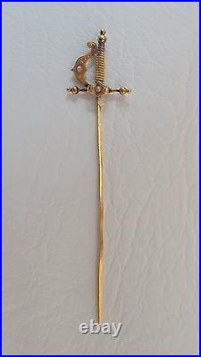 Antique Victorian 14kt Yellow Gold with Seed Pearls Detailed +Sword Saber Stickpin