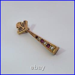Antique Victorian 16K Yellow Gold Rubies & Seed Pearls Petite Bar Pin Brooch