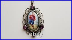 Antique Victorian 1800's Sterling Silver Hand Painted Porcelain ONLY GUY! Pendant