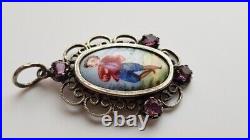 Antique Victorian 1800's Sterling Silver Hand Painted Porcelain ONLY GUY! Pendant