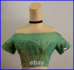 Antique Victorian 1850s Iridescent Green Silk Bodice, All Hand Sewn