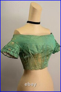 Antique Victorian 1850s Iridescent Green Silk Bodice, All Hand Sewn