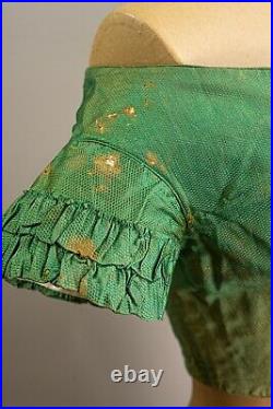 Antique Victorian 1850s Iridescent Green Silk Bodice, All Hand Sewn