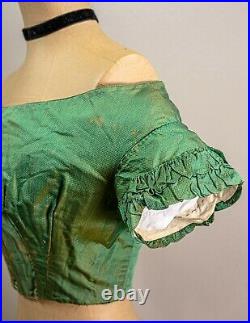 Antique Victorian 1850s Iridescent Green Silk Bodice, All Hand Sewn