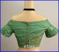 Antique Victorian 1850s Iridescent Green Silk Bodice, All Hand Sewn